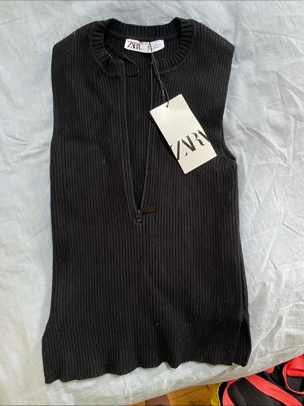 Zara Black Ribbed Sleeveless Zip-Neck Top